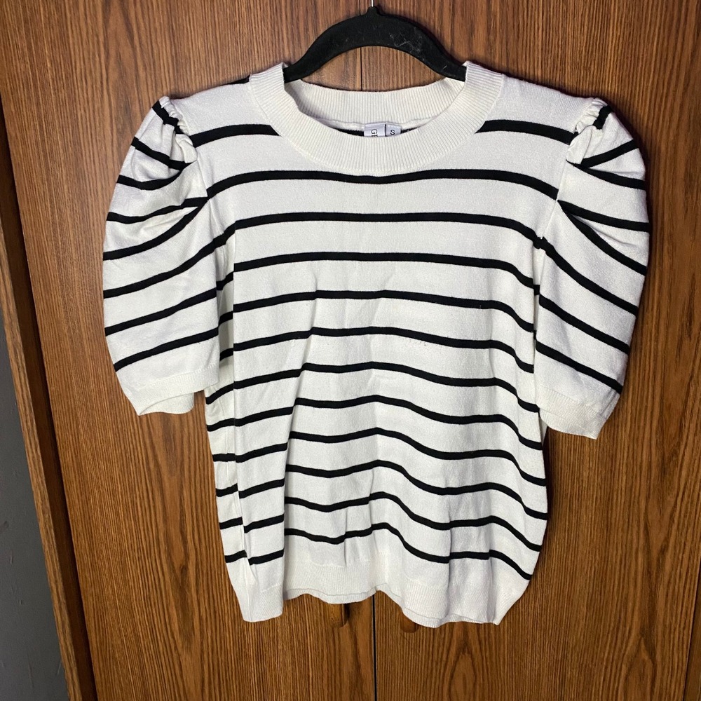 Grace+Karma Puff Sleeve Sweater Womens Small White Black Striped Knit Top
